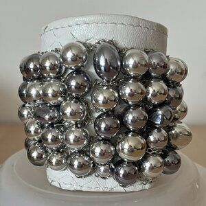 Upcycled and Hand Made White beaded Leather Cuff